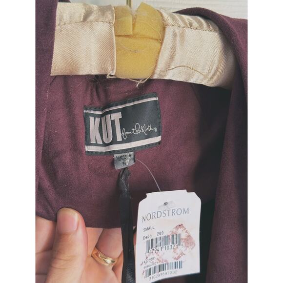 NWT Kut from the Kloth Faux Suede Burgundy Drape Front Jacket Moto Blazer Small - Picture 4 of 8